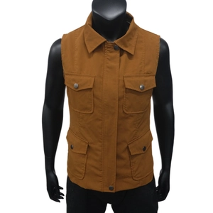 Detailed front view of brown utility vest with four flap pockets and metal buttons