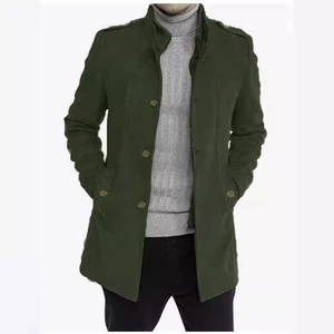 Men's olive green mid-length wool coat with stand collar and epaulettes over grey knitwear