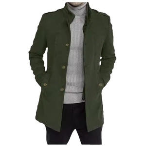 Army green wool coat for men with stand collar, shoulder epaulettes, and metal buttons