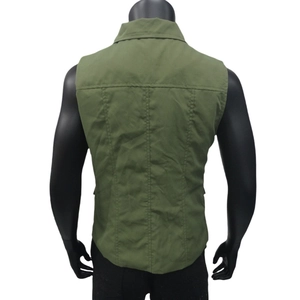 Rear view detail of army green military vest showing stitching and tailored fit on mannequin