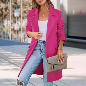 Women's rose red long wool blend coat jacket with notched lapel and single button closure