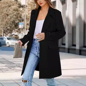 Women's long black wool blend blazer coat with lapels and pockets for casual autumn style