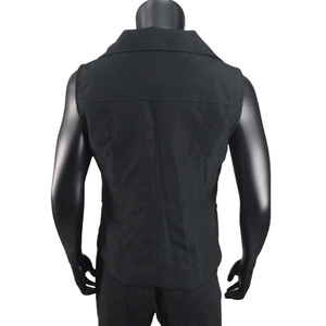 Rear view of black sleeveless vest jacket showing shoulder seams and back stitching