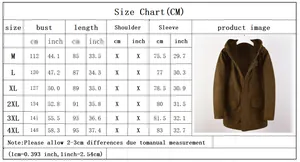 Detailed size chart for men's thick faux suede jacket with measurements from M to 4XL