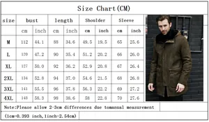 Size chart for men's faux suede hooded jacket showing measurements from size M to 4XL