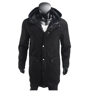 Detail of men's black suede parka with thick faux fur lining and metal snap buttons