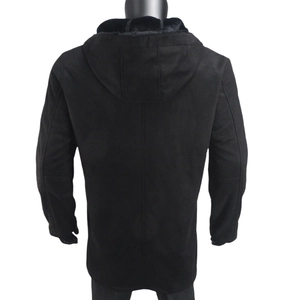 Back view of a men's long faux suede hooded coat with soft faux fur lining in black