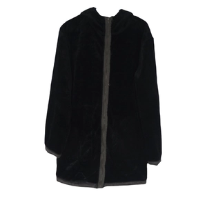 Detailed close-up of thick black faux suede jacket with hood and warm plush lining