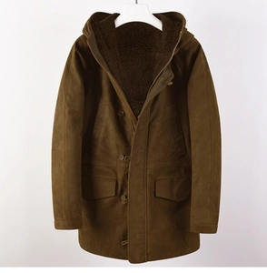Close-up of olive brown men's winter parka with warm fleece lining and hood