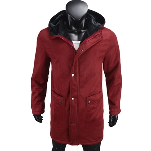 Detail view of burgundy faux suede jacket with thick black plush lining and hood