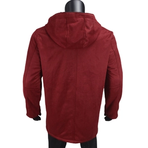 Rear view of burgundy faux suede hooded jacket with detailed seams on a mannequin