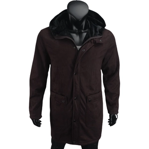 Detailed view of men's hooded parka with thick faux fur lining and suede texture