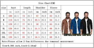 Detailed size chart for men vintage denim shirt showing bust, length and sleeve measurements