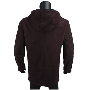 Back view of a men's long faux suede hooded coat with a central seam in dark chocolate brown