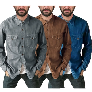 Men's casual long sleeve shirts in grey brown and navy blue with dual chest pockets