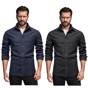 Camicie di jeans da uomo in blu scuro e grigio con tasca sul petto e bottoni arancioni