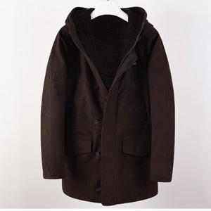 Men's chocolate thick faux suede parka jacket with warm black sherpa fleece lining
