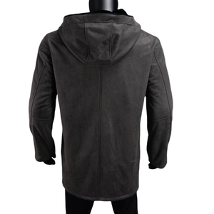 Detailed view of dark grey faux suede hooded coat with warm lining and vertical back seam