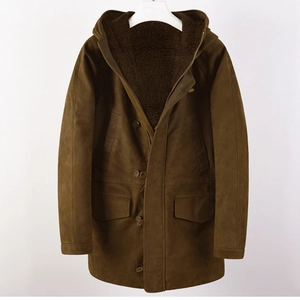 Men's brown hooded suede jacket with thick fleece lining and durable front zipper