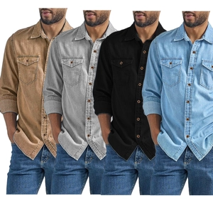 Mens long sleeve denim shirt in khaki, grey, black, and blue colors with double pockets