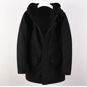 Men's black hooded parka with thick sherpa lining for winter warmth and large pockets