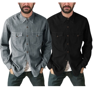 Men's denim work shirt in grey and black featuring double chest pockets and a classic lapel