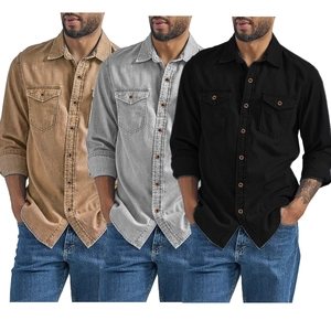 Three-color collage of men's casual long sleeve shirts in khaki, grey and black colors