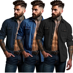 Camicie di jeans da uomo in blu scuro, azzurro e nero con doppie tasche sul petto