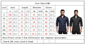 Tabella taglie per camicia di jeans da uomo con misure di busto e lunghezza da S a 3XL