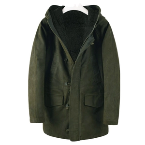 Men's dark green hooded suede jacket with warm black fleece lining and multi-pockets