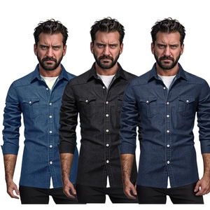Camicia di Jeans Casual da Uomo Manica Lunga in Misto Cotone Stile Workwear Con Doppie Tasche Tinta Unita Collo a Rever