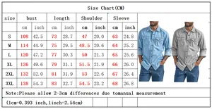 Detailed size chart for men's denim shirts with chest, length, and sleeve measurements