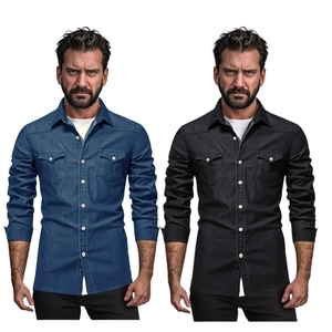 Camicie di jeans slim fit da uomo in blu e nero con doppie tasche sul petto e maniche lunghe