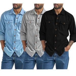 Detailed comparison of long sleeve denim shirts in light blue, grey and black colors