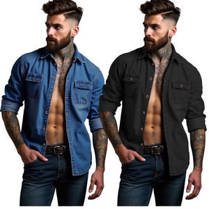 Camicie di jeans da uomo in blu e nero con doppie tasche sul petto e bottoni metallici