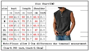 Detailed size chart for men's sleeveless Henley tank top with chest pocket measurements