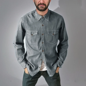 Classic grey long sleeve men's denim shirt with double chest pockets and button-down collar