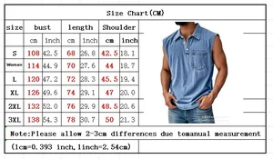 Detailed men's sleeveless shirt size chart with bust and length measurements in cm and inches