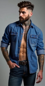 Dettaglio della camicia di jeans blu che mostra la trama del tessuto e le tasche sul petto