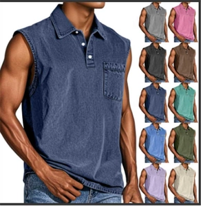 Detail view of sleeveless polo shirts for men featuring a classic collar and front chest pocket
