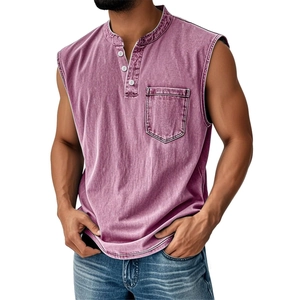 Detail of vintage washed purple sleeveless Henley shirt with chest pocket and buttons