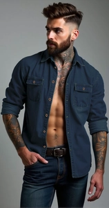 Dettaglio camicia in denim blu scuro da uomo con doppie tasche sul petto e colletto