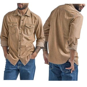 Men's retro denim-style long sleeve shirt in dark khaki with classic double flap pockets
