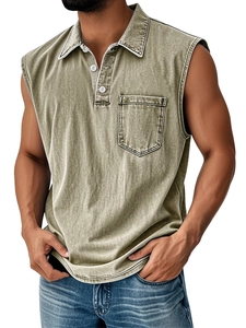 Detail of army green sleeveless polo shirt showing retro washed texture and chest pocket