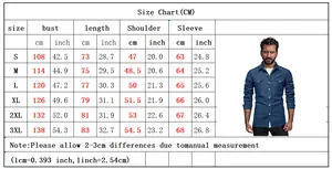Tabella taglie camicia di jeans da uomo con misure da S a 3XL per busto e lunghezza
