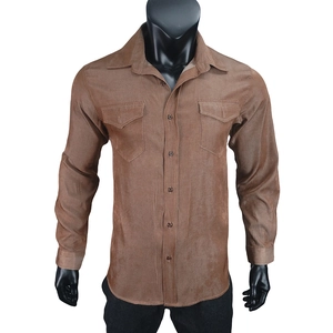 Close-up of brown long-sleeved corduroy shirt with dual flap chest pockets and buttons
