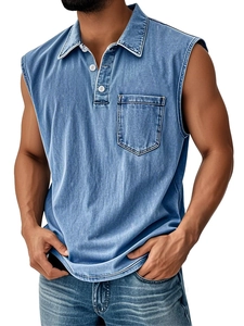 Detail of blue wash denim sleeveless polo shirt with white buttons and chest pocket