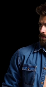 Dettaglio di camicia di jeans blu scuro con tasca sul petto e bottone in legno