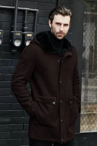 Detail of men's brown faux suede parka showing faux fur lining and large utility pockets