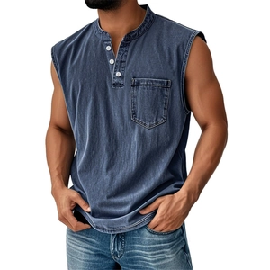 Men's sleeveless Henley t-shirt in washed blue denim style with a chest pocket